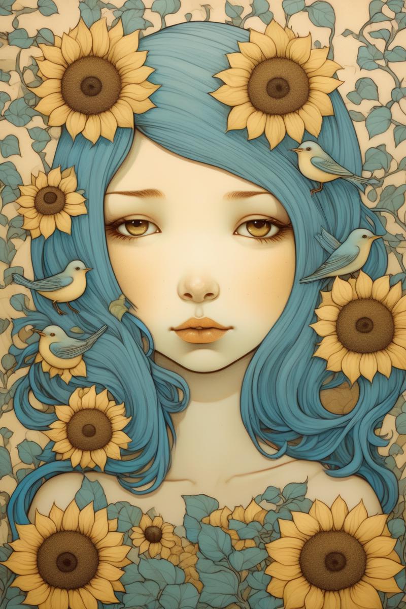 00052-2455421689-_lora_Audrey Kawasaki Style_1_Audrey Kawasaki Style - young girl sunflowers blue birds in the style of audrey kawasaki.png